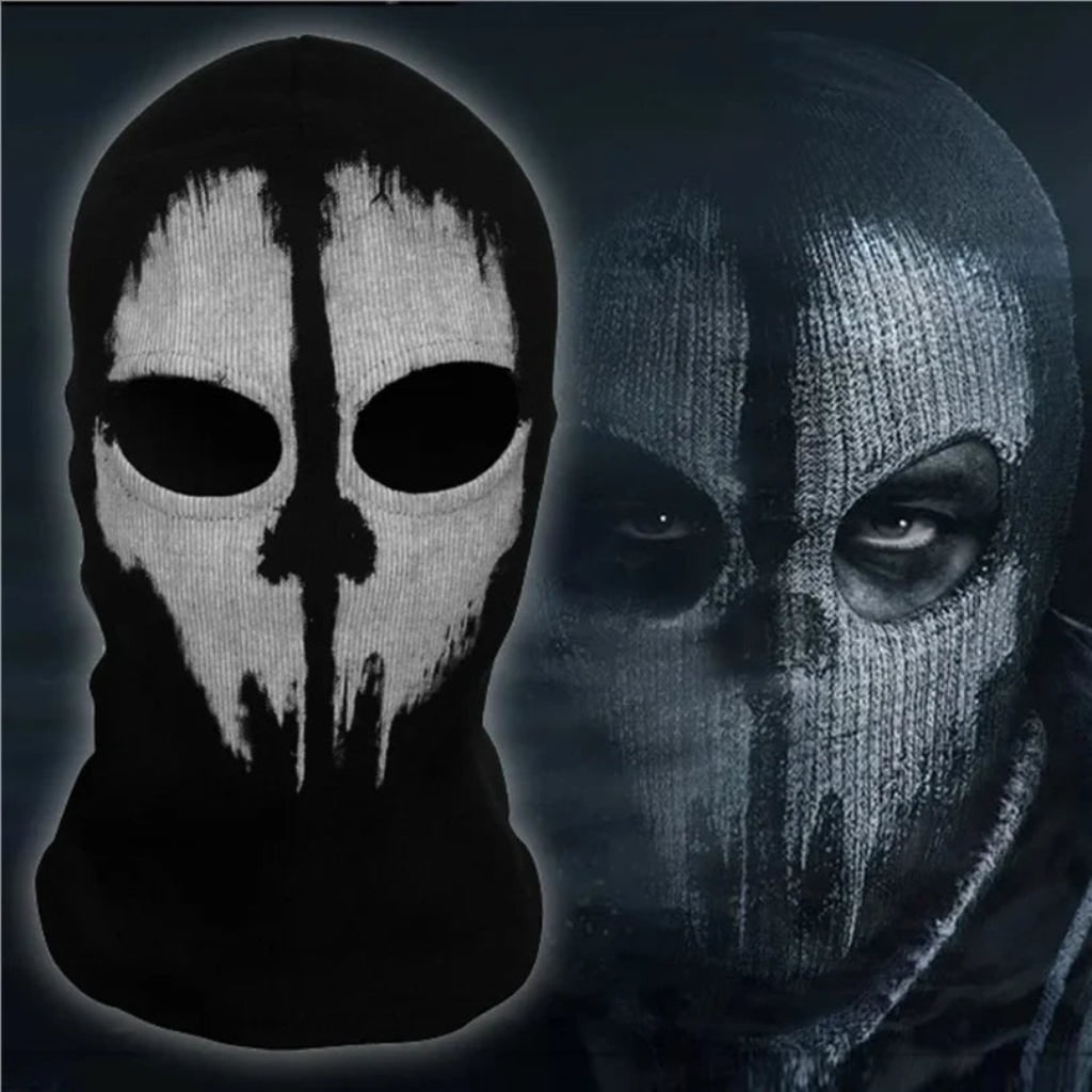 Halloween Skull Balaclava Mask Ski Full Face Knit Black with White Distressed Print
