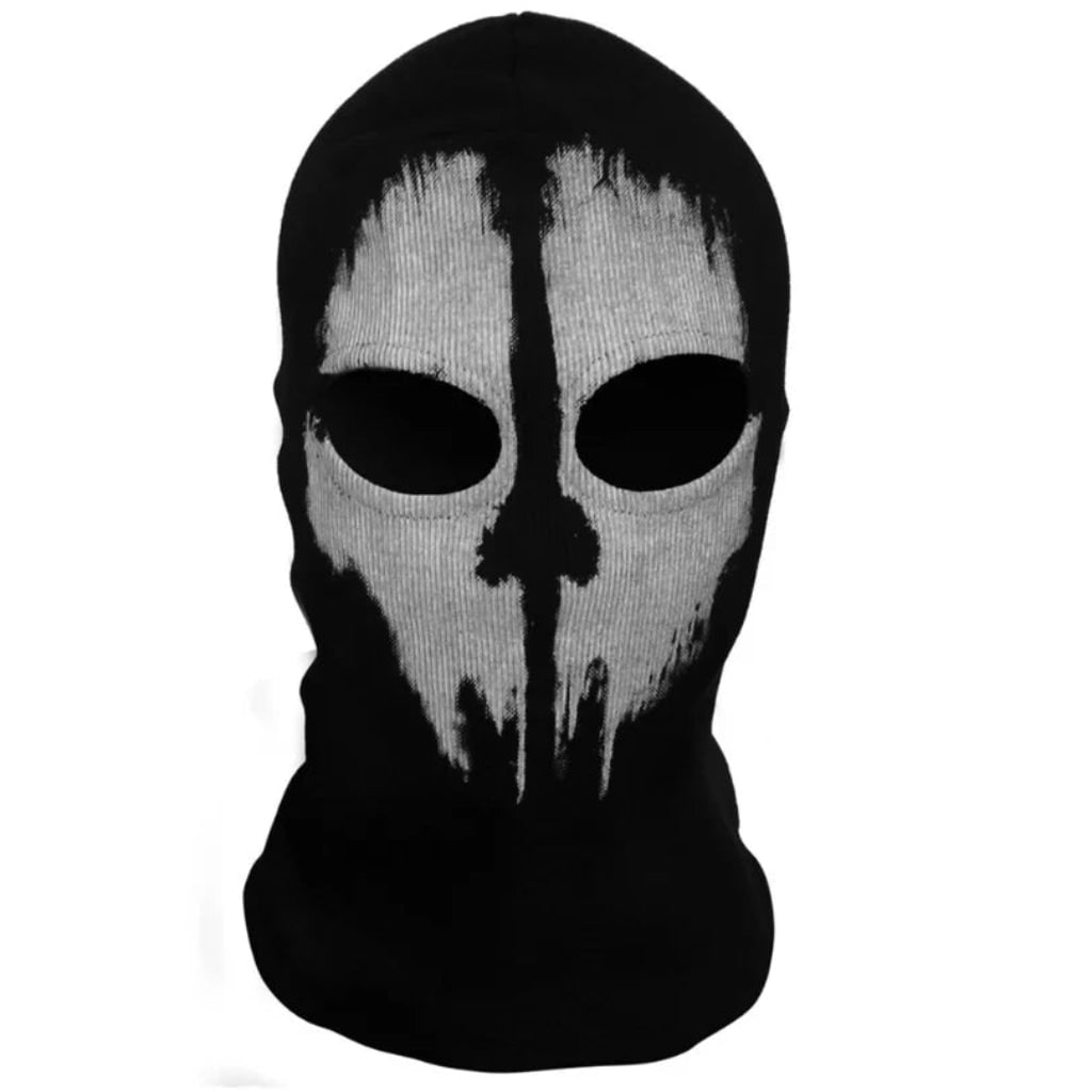 Halloween Skull Balaclava Mask Ski Full Face Knit Black with White Distressed Print
