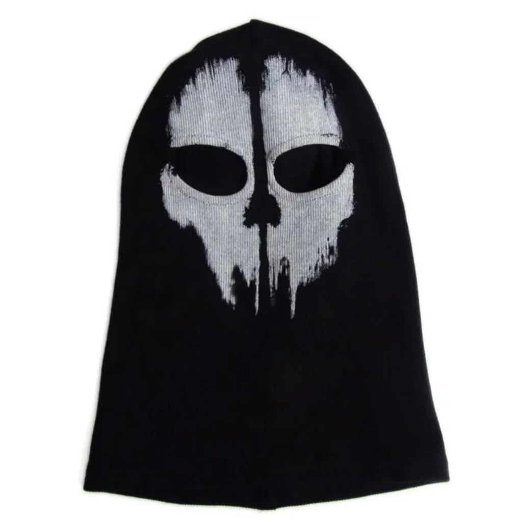 Halloween Skull Balaclava Mask Ski Full Face Knit Black with White Distressed Print