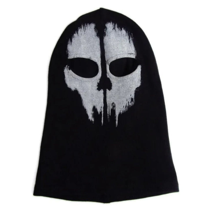 Halloween Skull Balaclava Mask Ski Full Face Knit Black with White Distressed Print