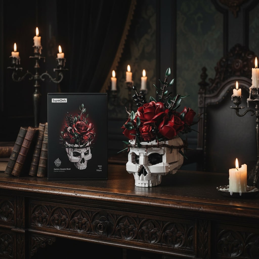 Halloween Skull Building Blocks and Magnetic Toys with Gothic Rose Design Tiles
