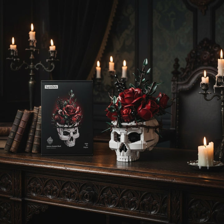 Halloween Skull Building Blocks and Magnetic Toys with Gothic Rose Design Tiles