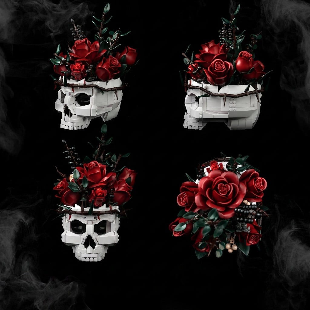 Halloween Skull Building Blocks and Magnetic Toys with Gothic Rose Design Tiles
