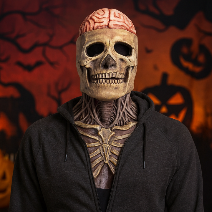 Halloween Skull Mask for Skeleton Full Head with Exposed Brain and Chest Plate Latex Half
