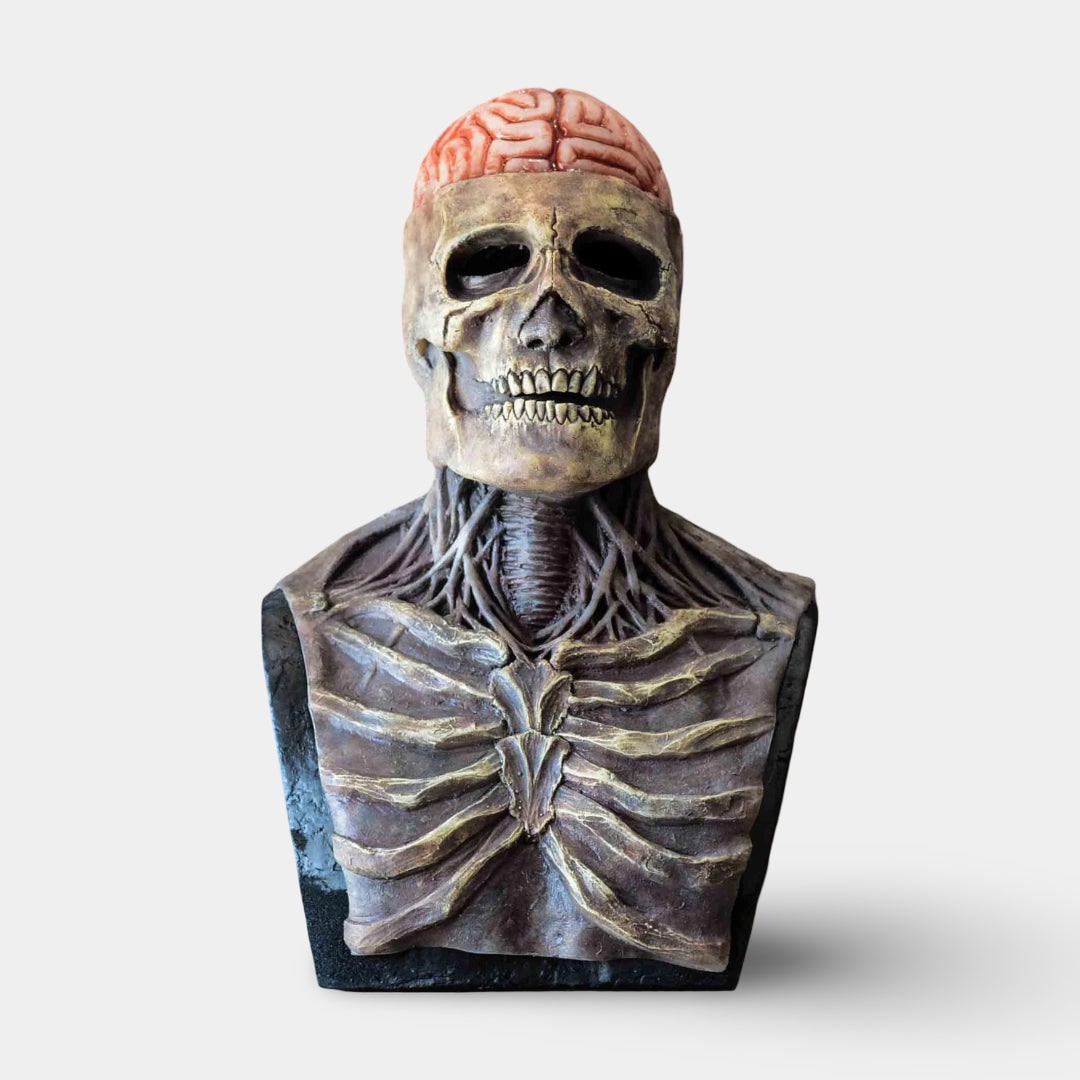 Halloween Skull Skeleton Mask with Exposed Brain and Chest Plate Creepy Latex Full Head Costume Prop