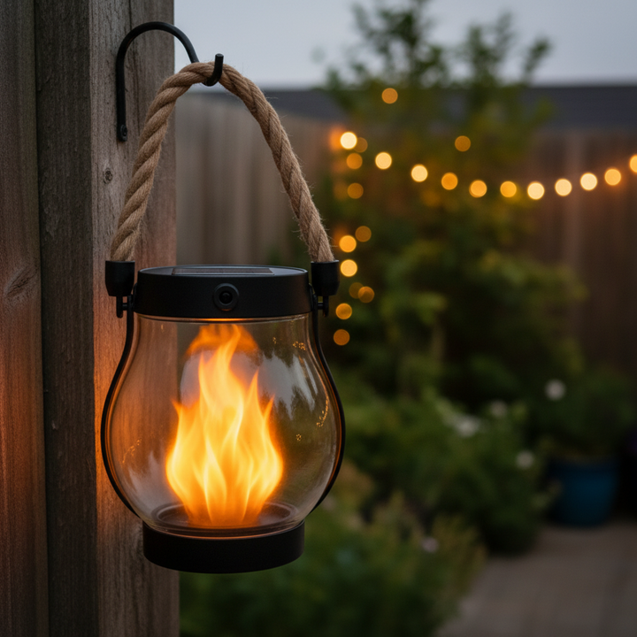 Halloween Solar Outdoor Lantern with Flickering Flame LED and Hanging Rope for Patio Yard Decoration