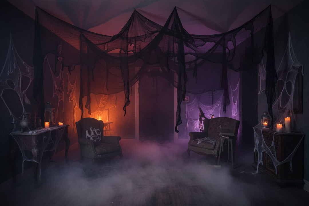 Halloween Spider Web Decoration with Black Mesh Creepy Cloth Netting