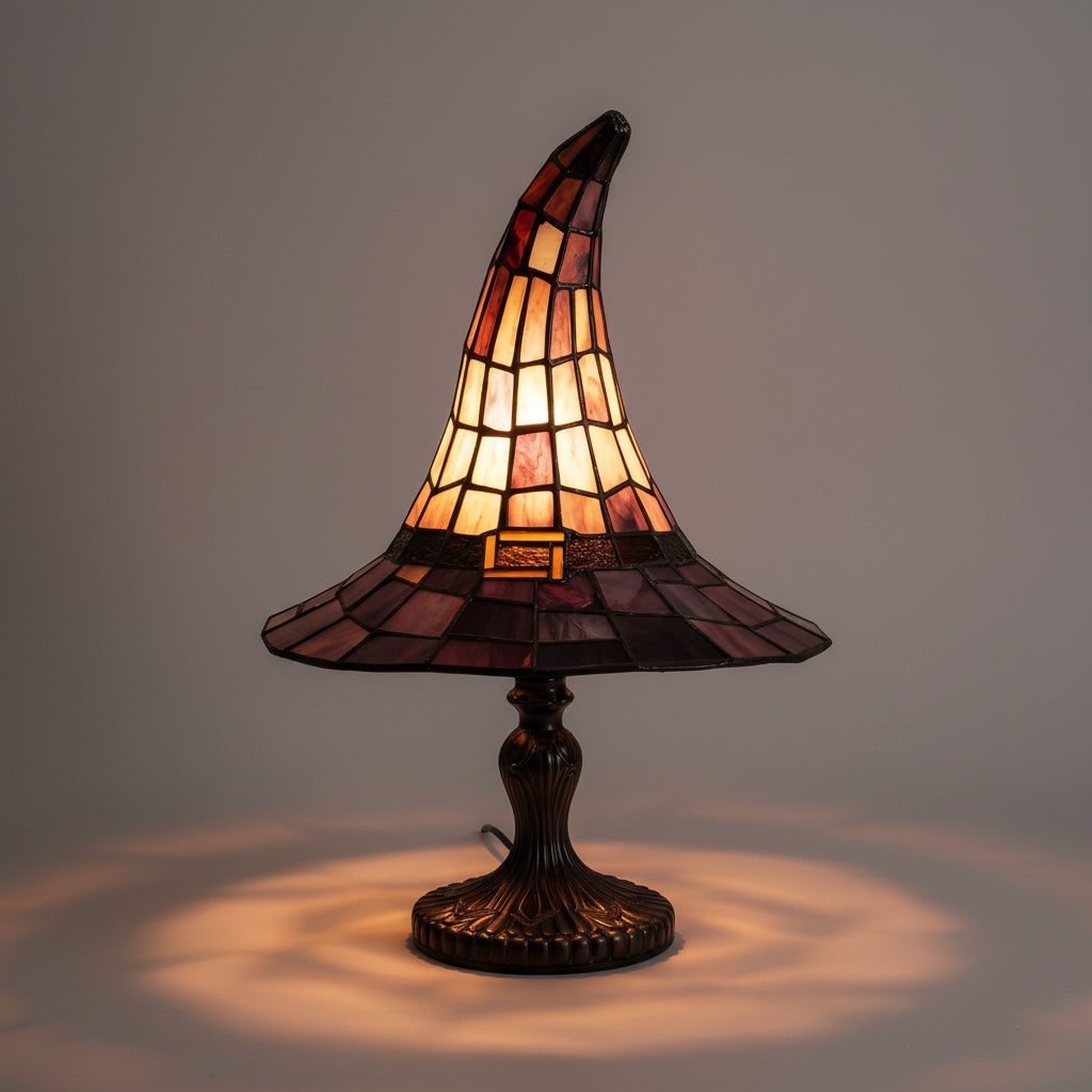 Halloween Stained Glass Witch Hat Table Lamp with Bronze Base and Leaded Panels