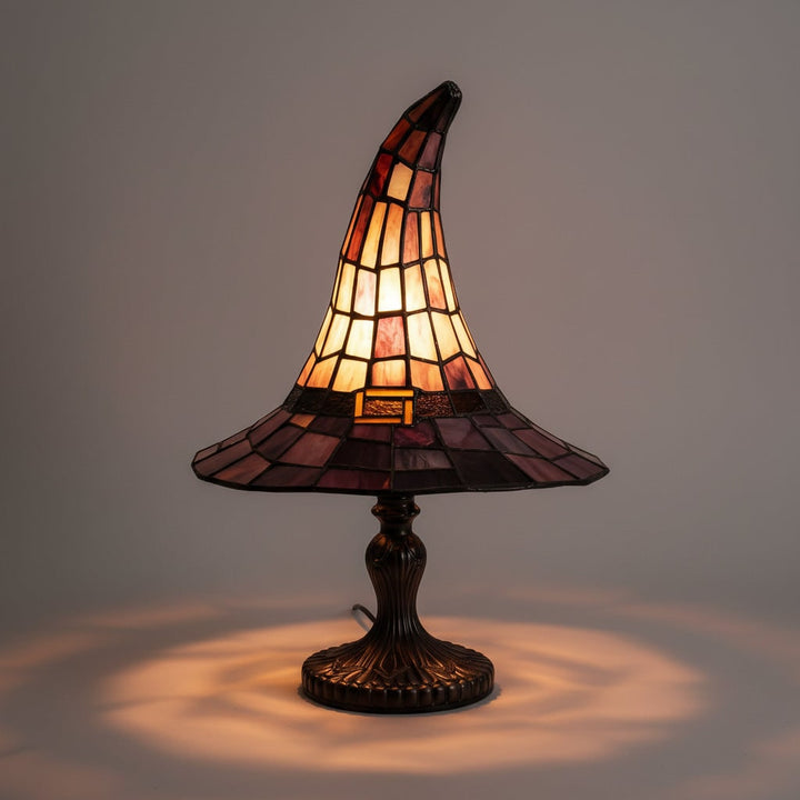 Halloween Stained Glass Witch Hat Table Lamp with Bronze Base and Leaded Panels