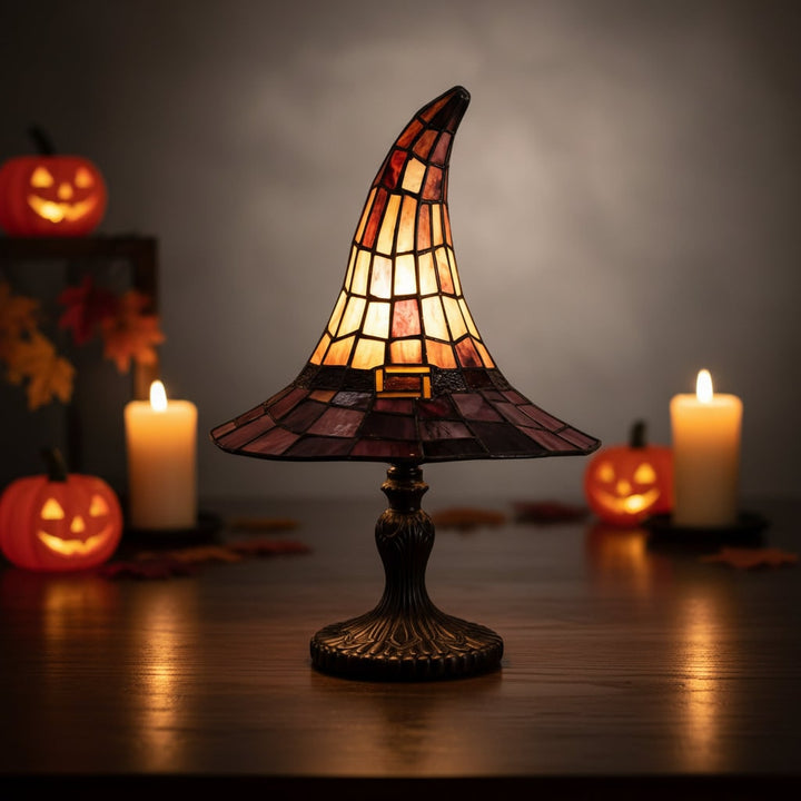 Halloween Stained Glass Witch Hat Table Lamp with Bronze Base and Leaded Panels