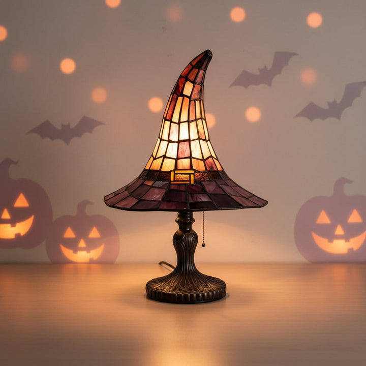 Halloween Stained Glass Witch Hat Table Lamp with Bronze Base and Leaded Panels