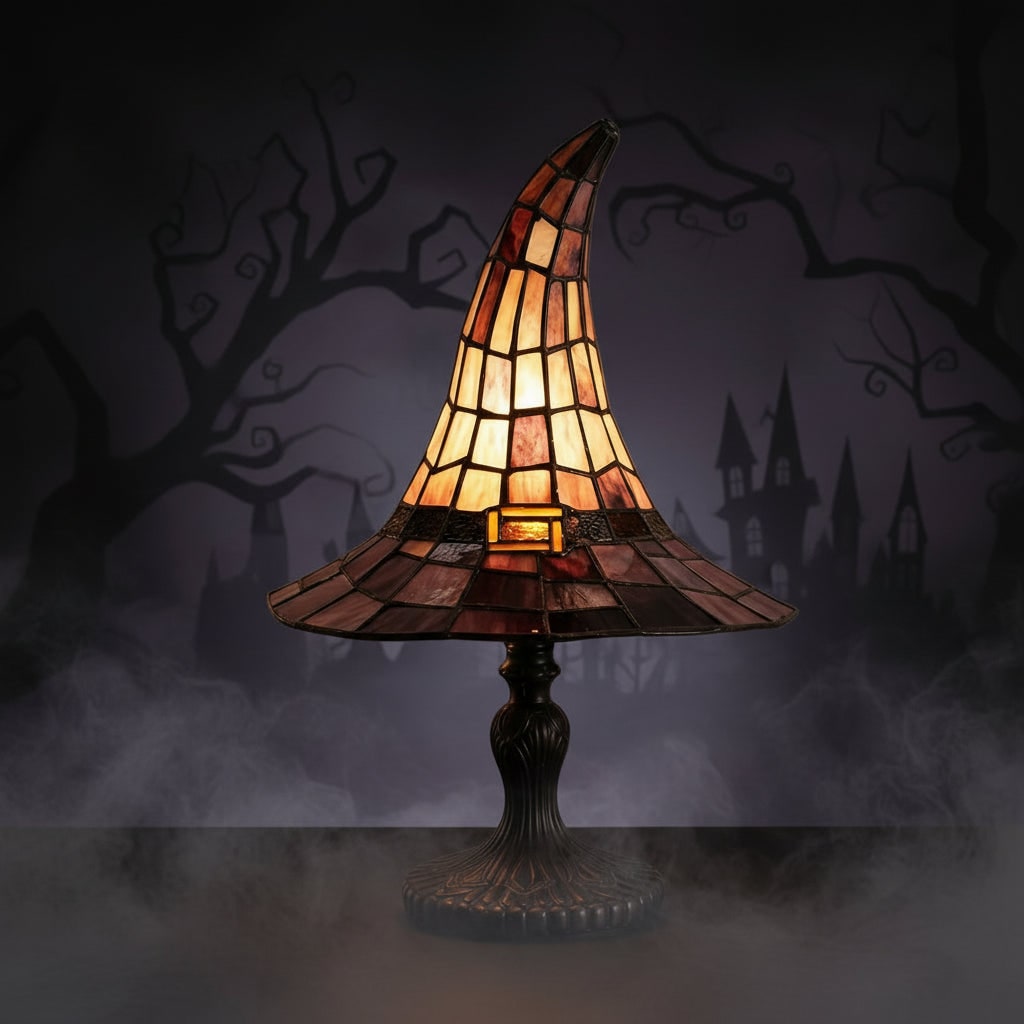 Halloween Stained Glass Witch Hat Table Lamp with Bronze Base and Leaded Panels