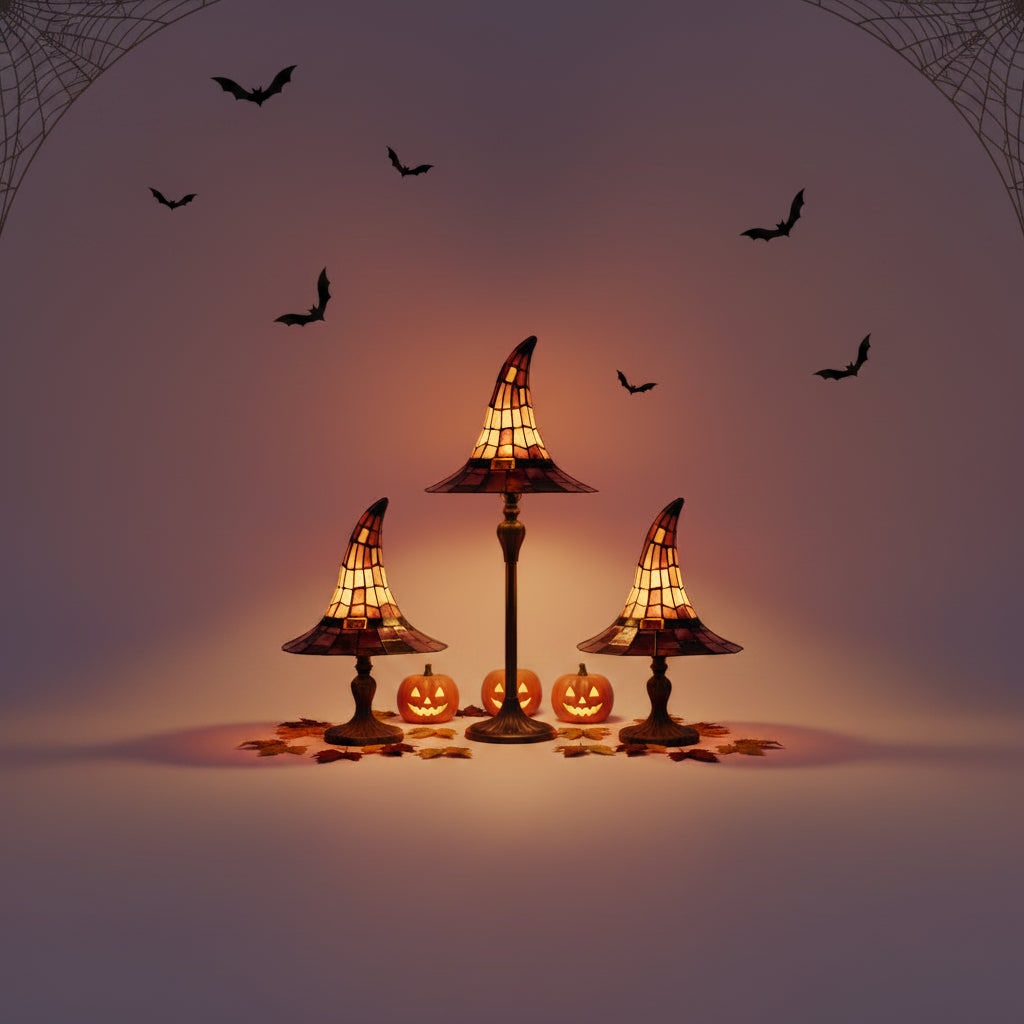 Halloween Stained Glass Witch Hat Table Lamp with Bronze Base and Leaded Panels