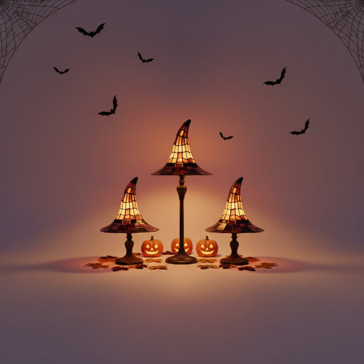 Halloween Stained Glass Witch Hat Table Lamp with Bronze Base and Leaded Panels