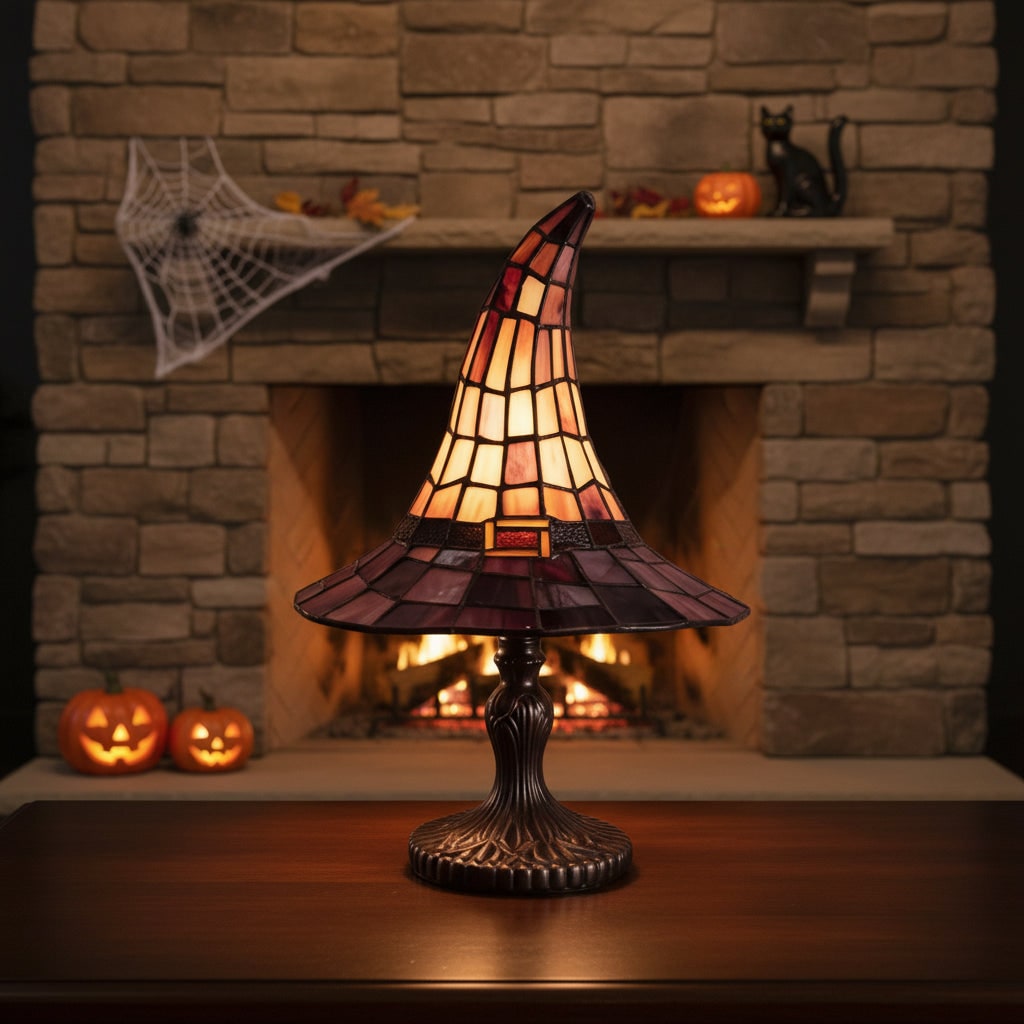 Halloween Stained Glass Witch Hat Table Lamp with Bronze Base and Leaded Panels