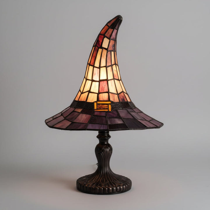 Halloween Stained Glass Witch Hat Table Lamp with Bronze Metal Base and Ornate Design Bed Side
