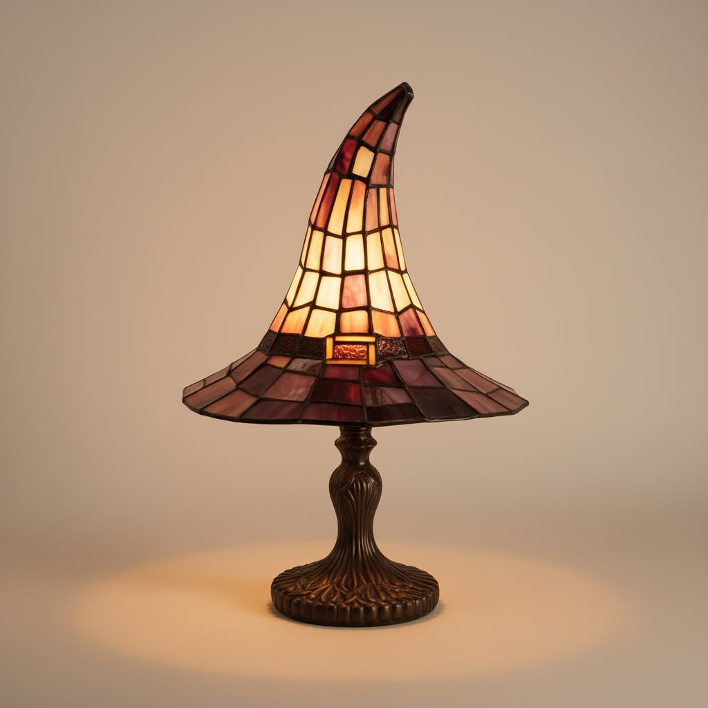 Halloween Stained Glass Witch Hat Table Lamp with Bronze Metal Base and Ornate Design Bed Side