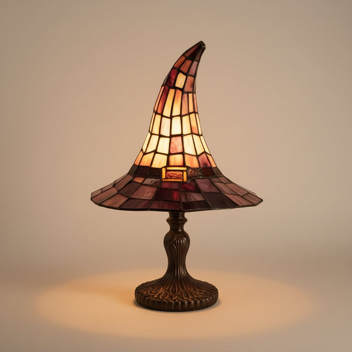 Halloween Stained Glass Witch Hat Table Lamp with Bronze Metal Base and Ornate Design Bed Side