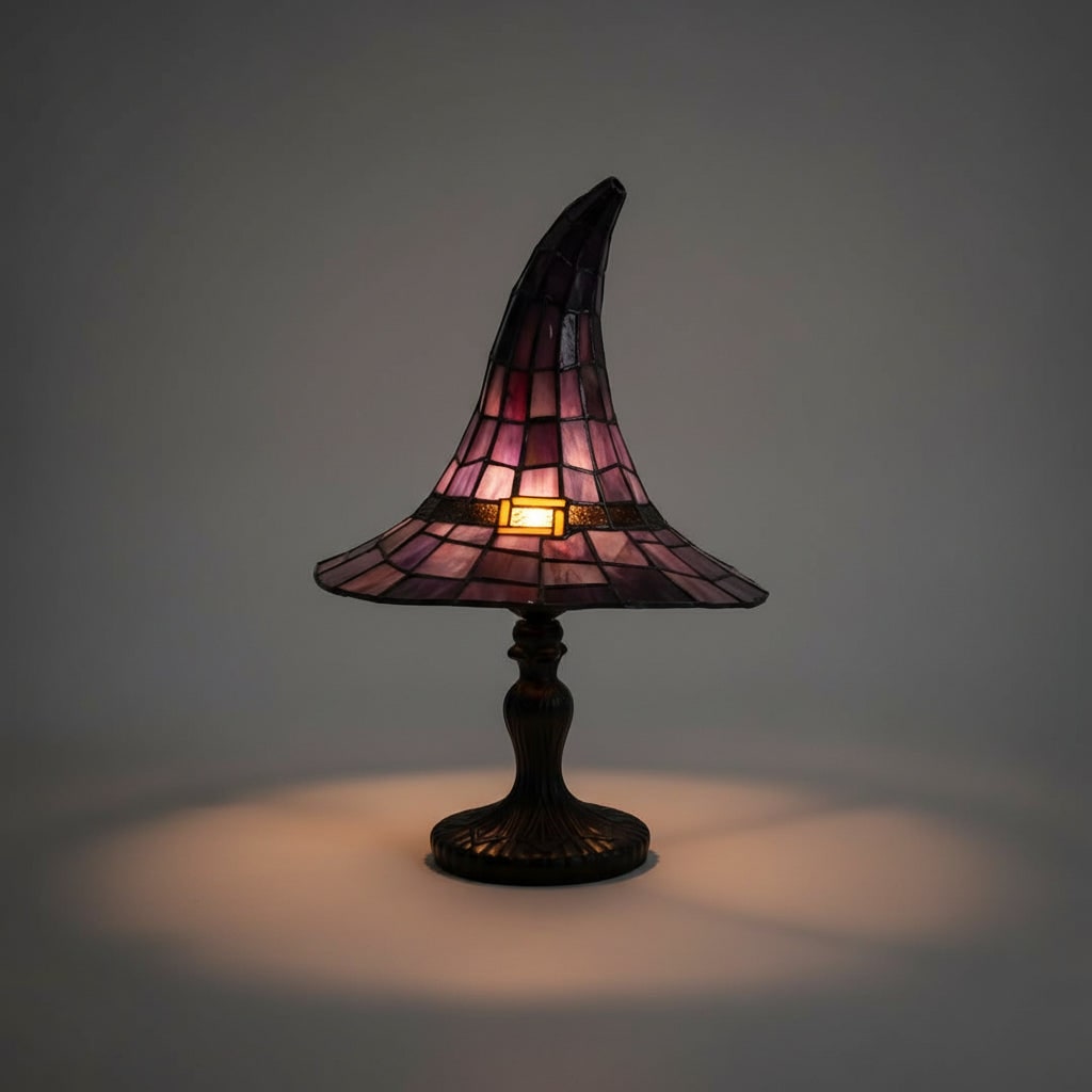 Halloween Stained Glass Witch Hat Table Lamp with Bronze Metal Base and Ornate Design Bed Side