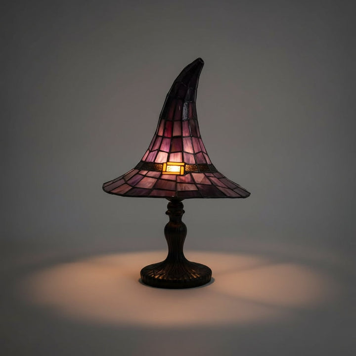 Halloween Stained Glass Witch Hat Table Lamp with Bronze Metal Base and Ornate Design Bed Side