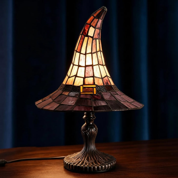 Halloween Stained Glass Witch Hat Table Lamp with Bronze Metal Base and Ornate Design Bed Side