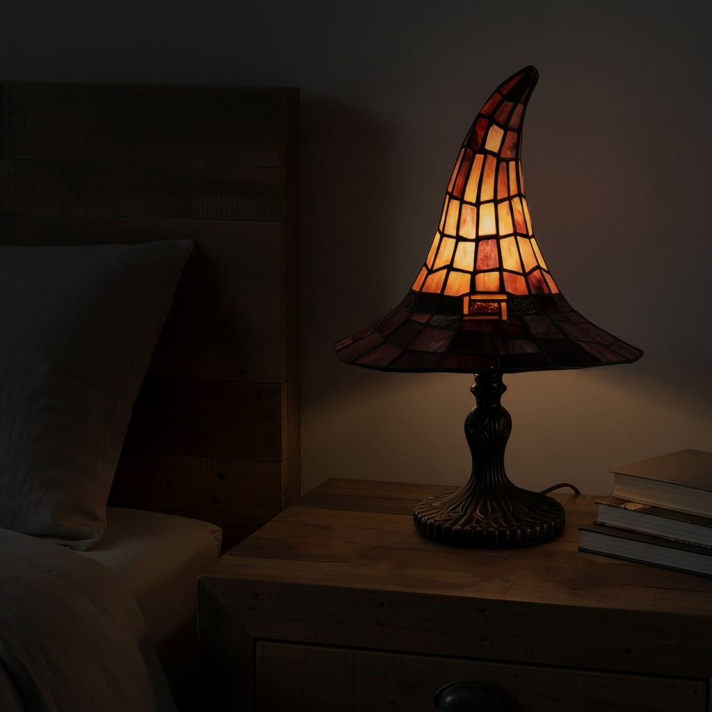 Halloween Stained Glass Witch Hat Table Lamp with Bronze Metal Base and Ornate Design Bed Side