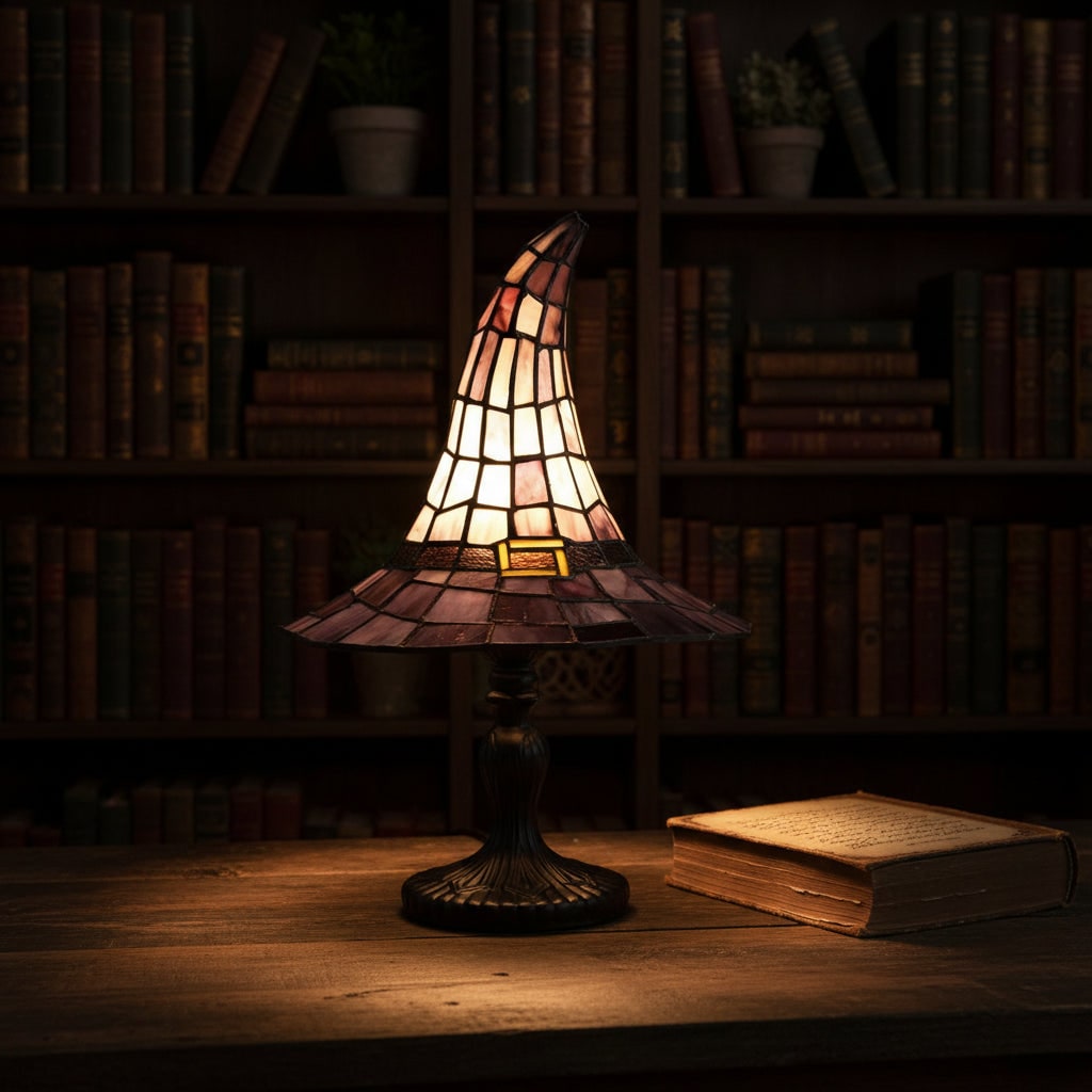 Halloween Stained Glass Witch Hat Table Lamp with Bronze Metal Base and Ornate Design Bed Side