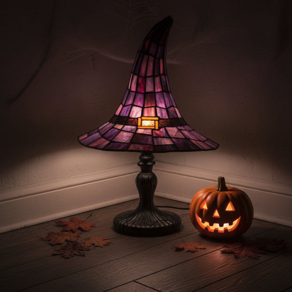 Halloween Stained Glass Witch Hat Table Lamp with Bronze Metal Base and Ornate Design Bed Side