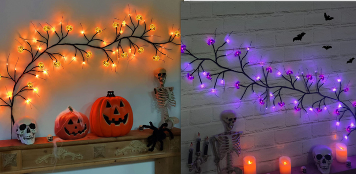 Halloween String Lights Outdoor Garland with LED Pumpkin and Bat Battery Operated 6 Feet 8 Modes