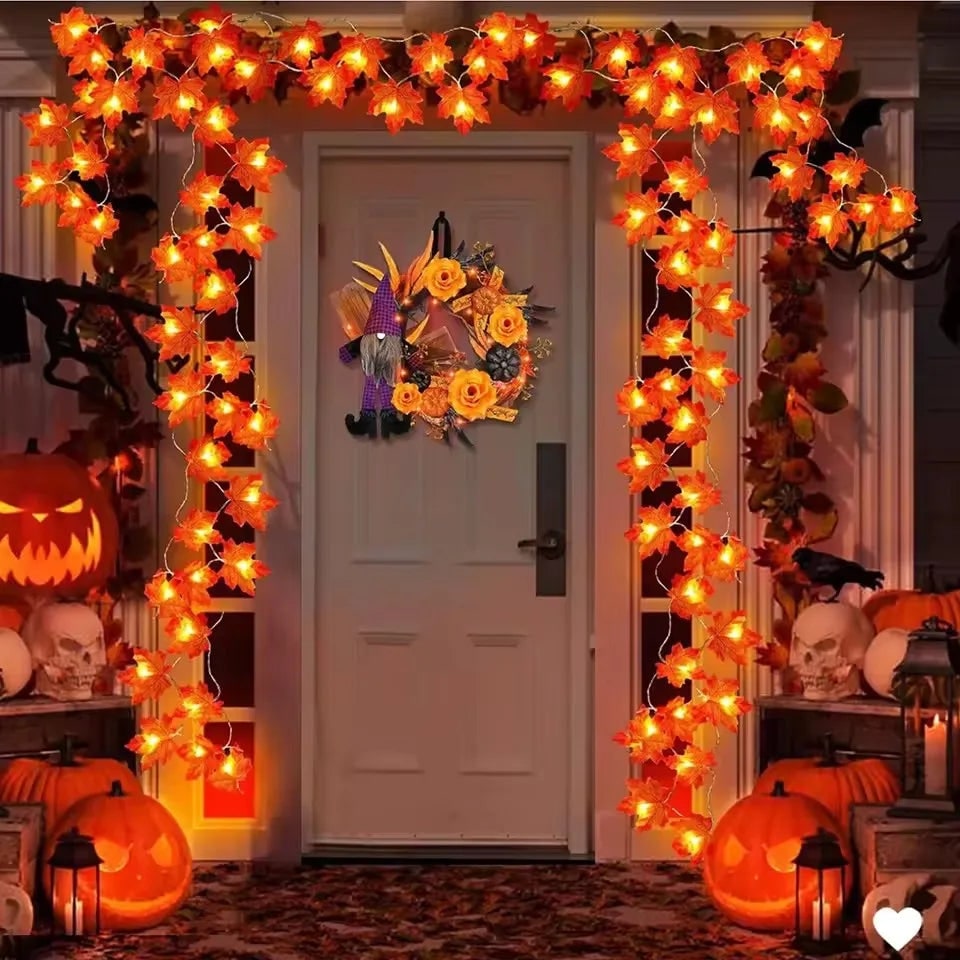 Halloween String Lights with Maple Leaf Garland LED Warm Amber Glow for Yard and Fall Decoration