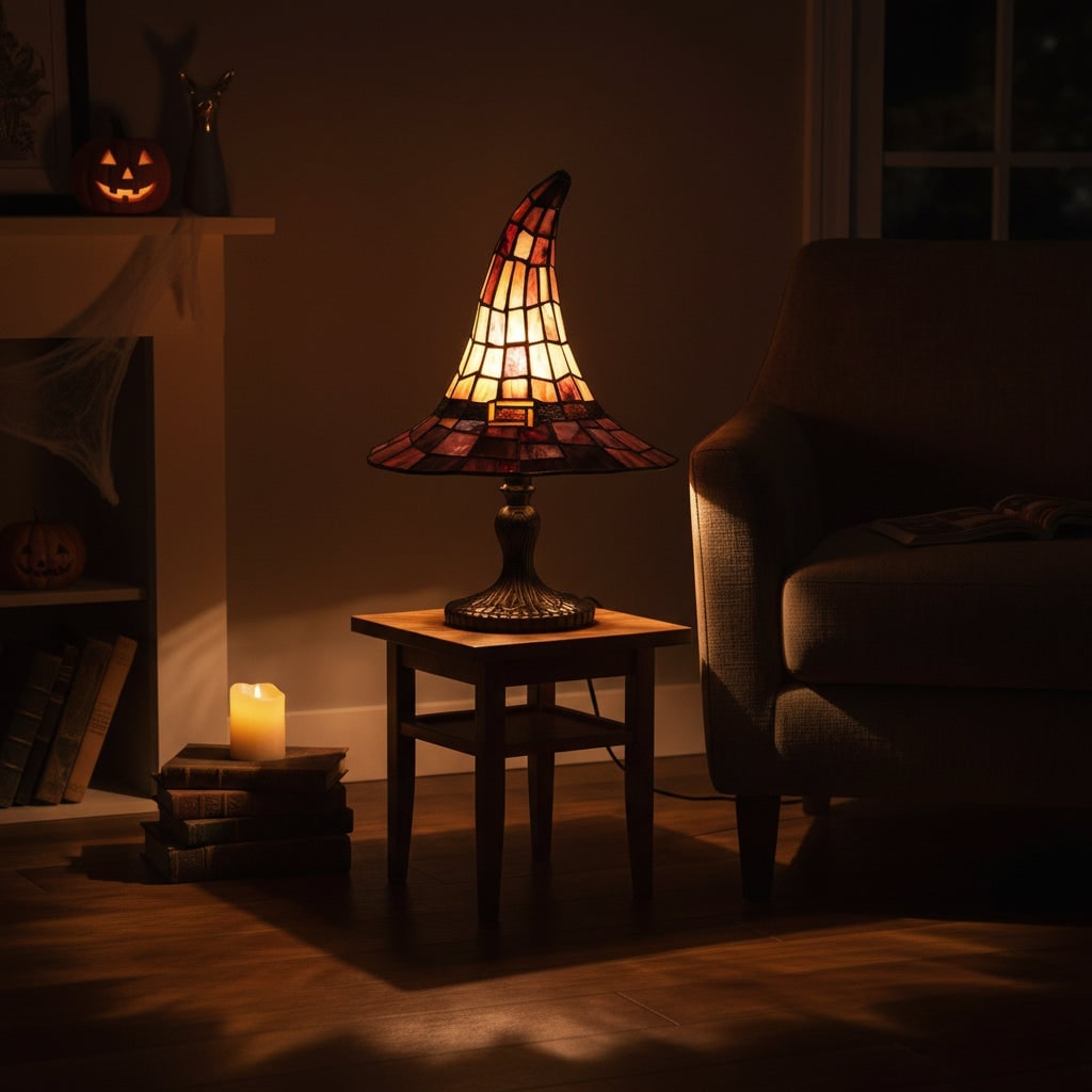 Halloween Tiffany Stained Glass Witch Hat Lamp with Antique Lampshade for Table Decoration
