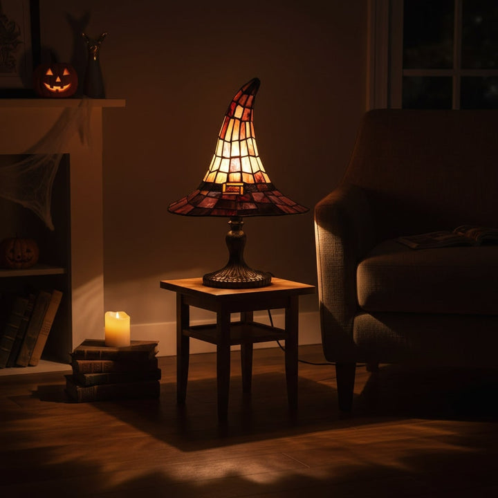 Halloween Tiffany Stained Glass Witch Hat Lamp with Antique Lampshade for Table Decoration