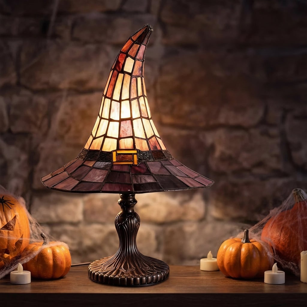 Halloween Tiffany Stained Glass Witch Hat Lamp with Antique Lampshade for Table Decoration