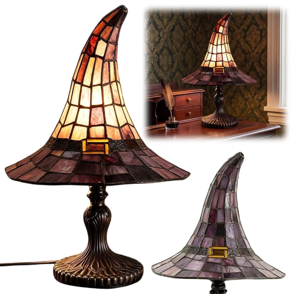 Halloween Tiffany Stained Glass Witch Hat Lamp with Antique Lampshade for Table Decoration