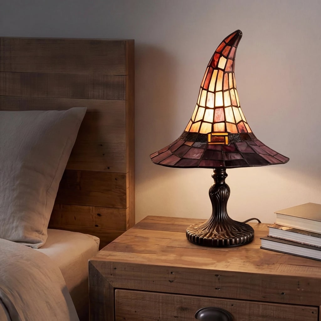 Halloween Tiffany Stained Glass Witch Hat Lamp with Antique Lampshade for Table Decoration