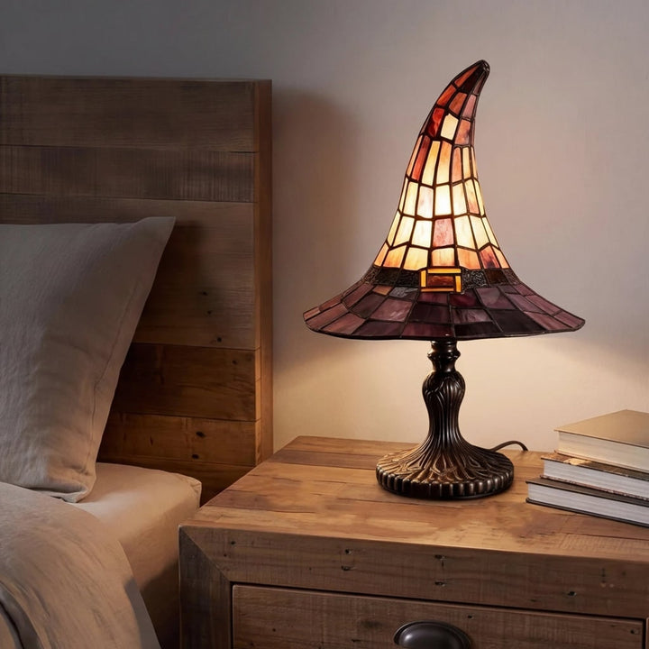 Halloween Tiffany Stained Glass Witch Hat Lamp with Antique Lampshade for Table Decoration