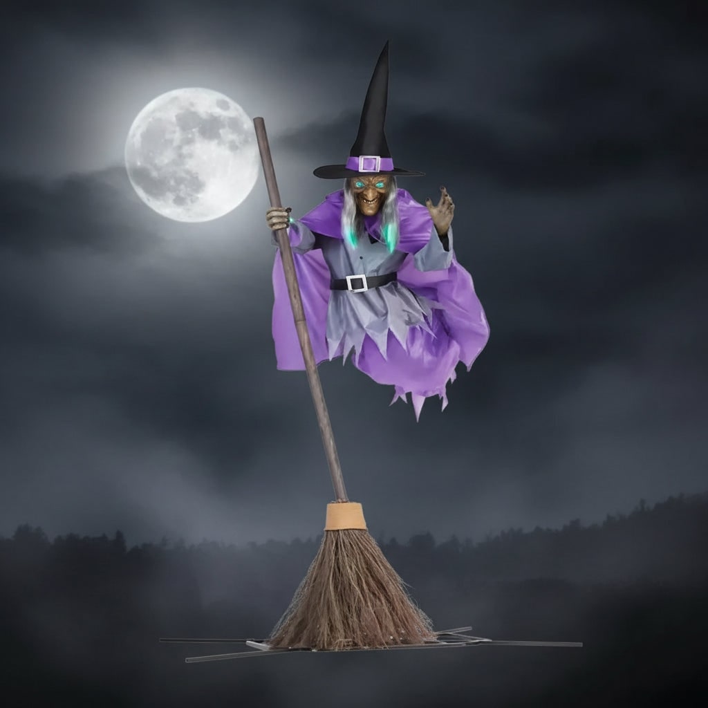 Halloween Witch Decor Outdoor Prop with Flying Design LED Eyes and Broomstick for Yard Decoration
