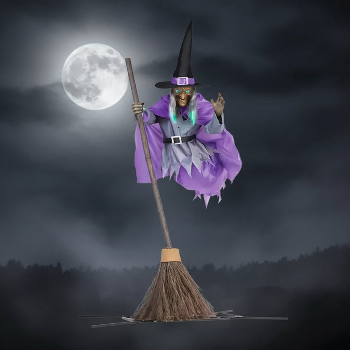 Halloween Witch Decor Outdoor Prop with Flying Design LED Eyes and Broomstick for Yard Decoration