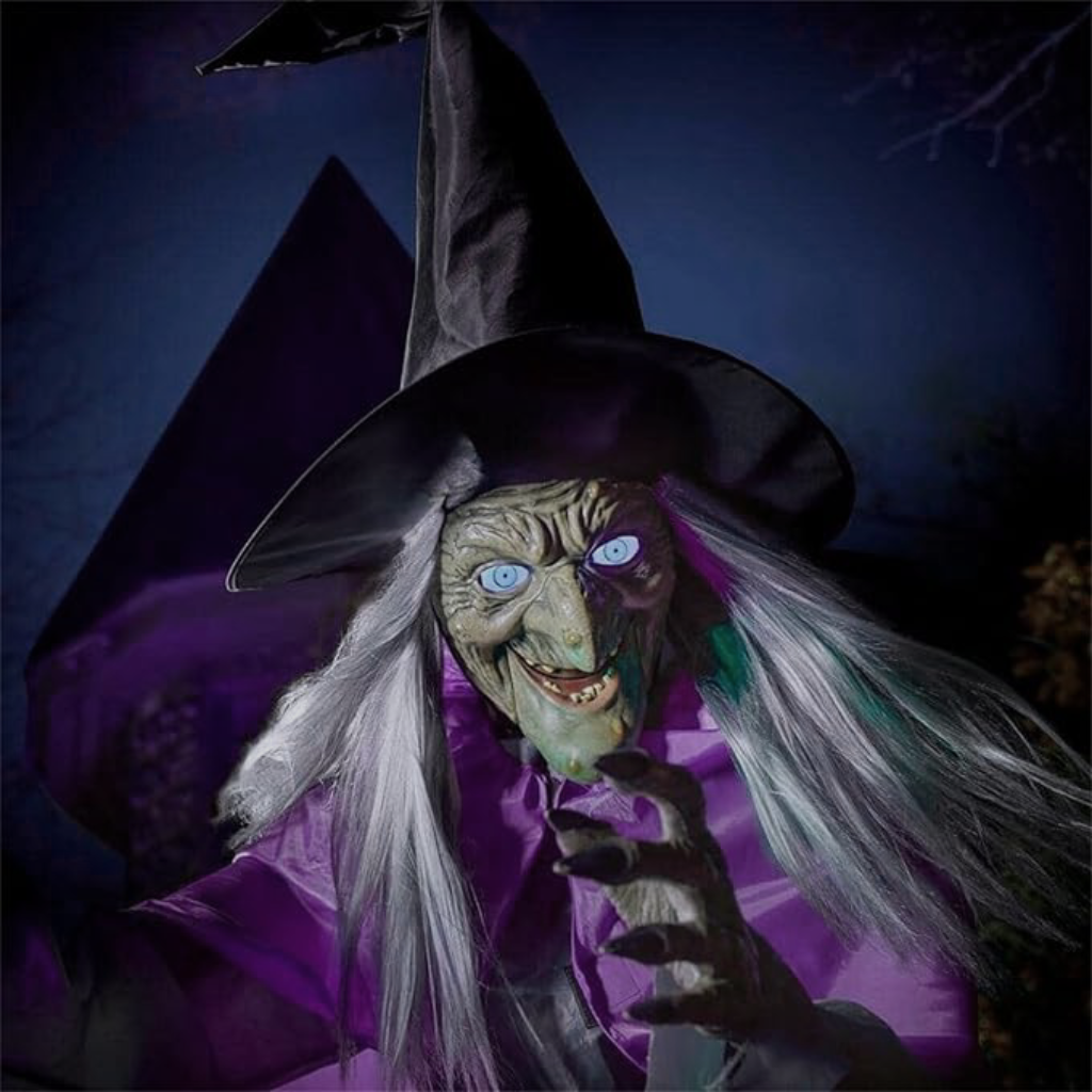 Halloween Witch Decor Outdoor Prop with Flying Design LED Eyes and Broomstick for Yard Decoration