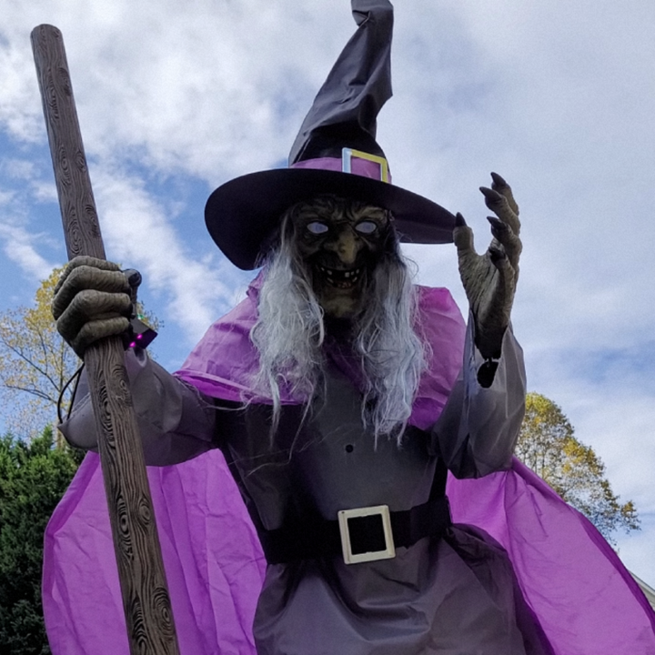 Halloween Witch Decor Outdoor Prop with Flying Design LED Eyes and Broomstick for Yard Decoration