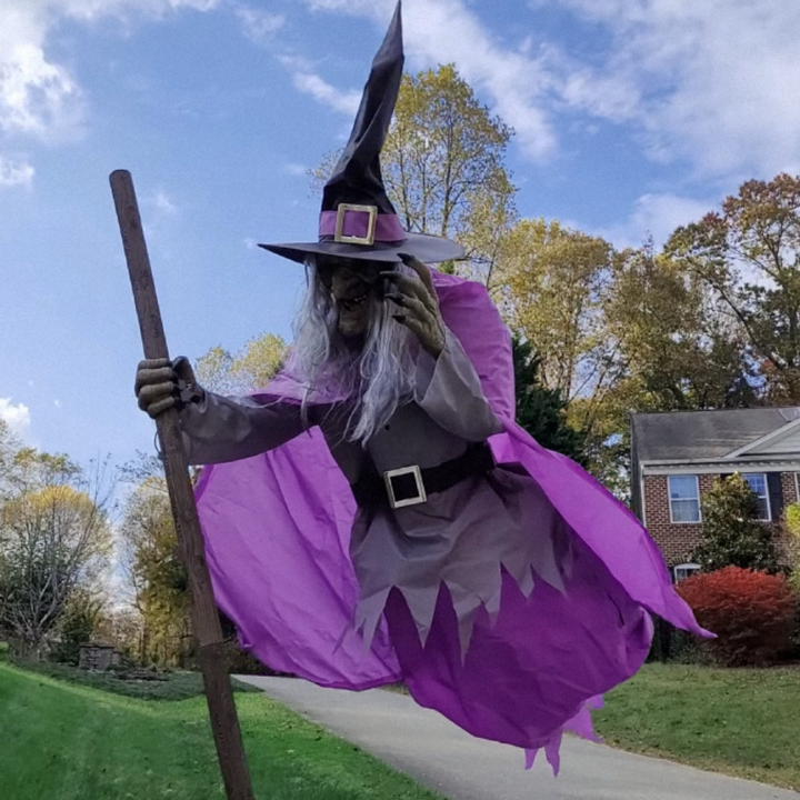 Halloween Witch Decor Outdoor Prop with Flying Design LED Eyes and Broomstick for Yard Decoration