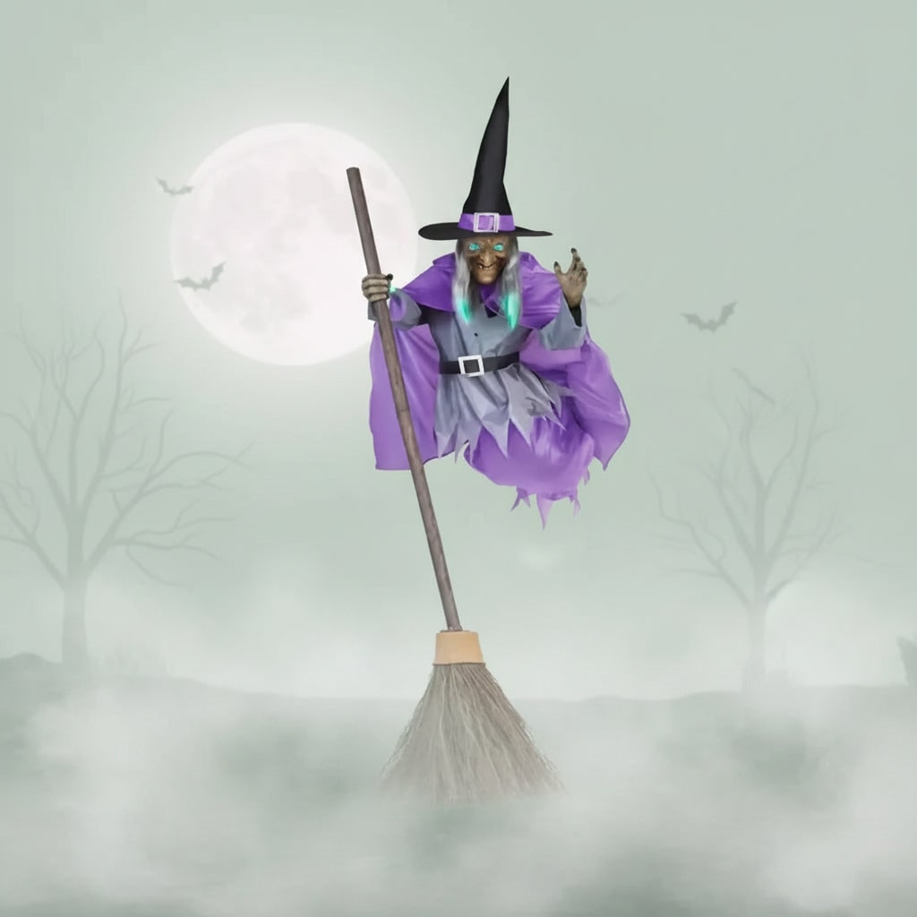 Halloween Witch Decoration Inflatable Flying Prop with Light-Up Eyes for Outdoor Yard