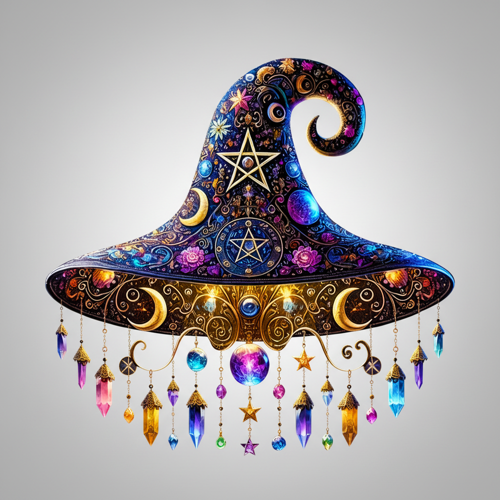 Halloween Witch Hat Suncatcher Stained Glass Decoration with Celestial Moon and Crystal Prisms