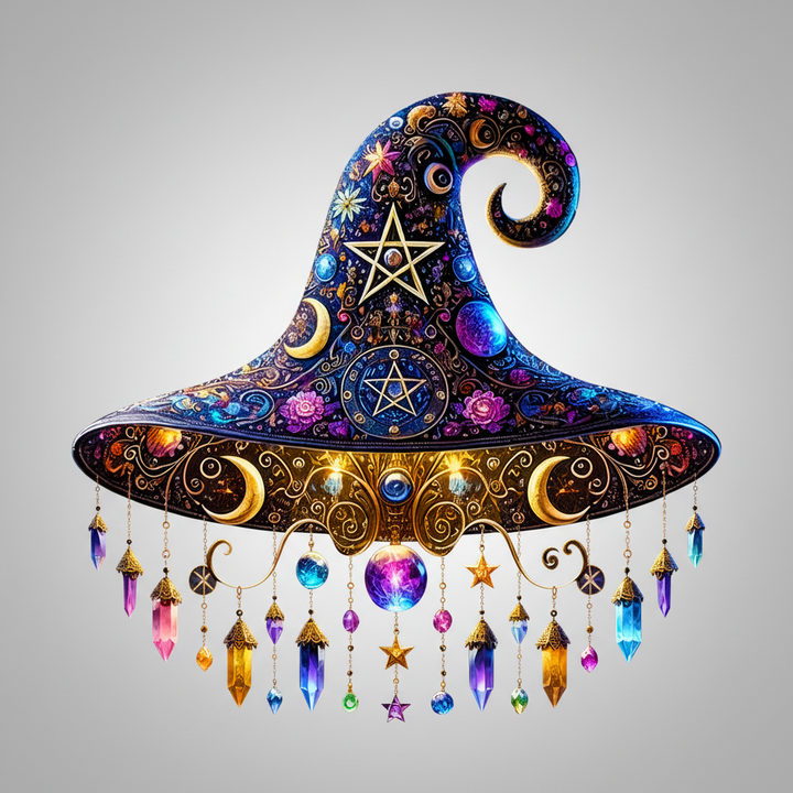 Halloween Witch Hat Suncatcher Stained Glass Decoration with Celestial Moon and Crystal Prisms