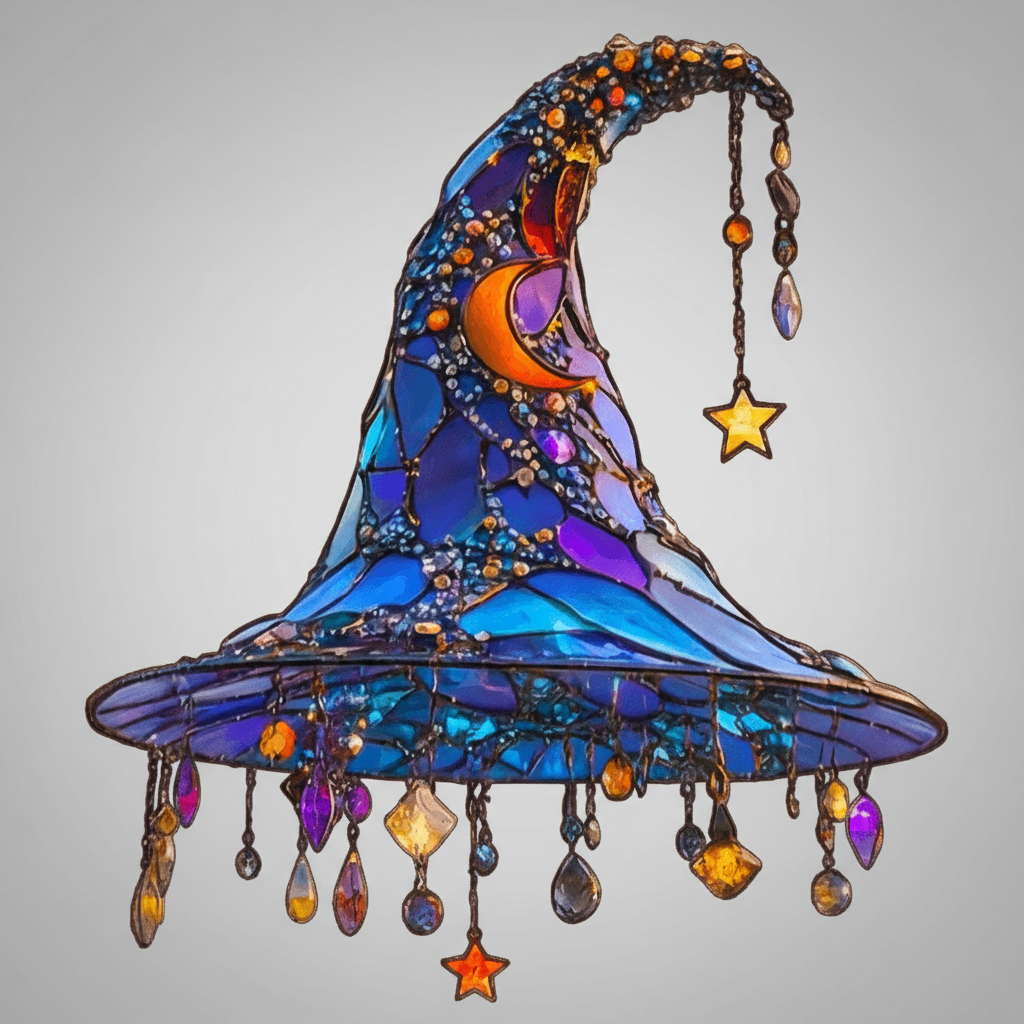 Halloween Witch Hat Suncatcher Stained Glass Decoration with Celestial Moon and Crystal Prisms