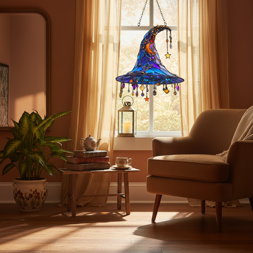 Halloween Witch Hat Suncatcher Stained Glass Decoration with Celestial Moon and Crystal Prisms