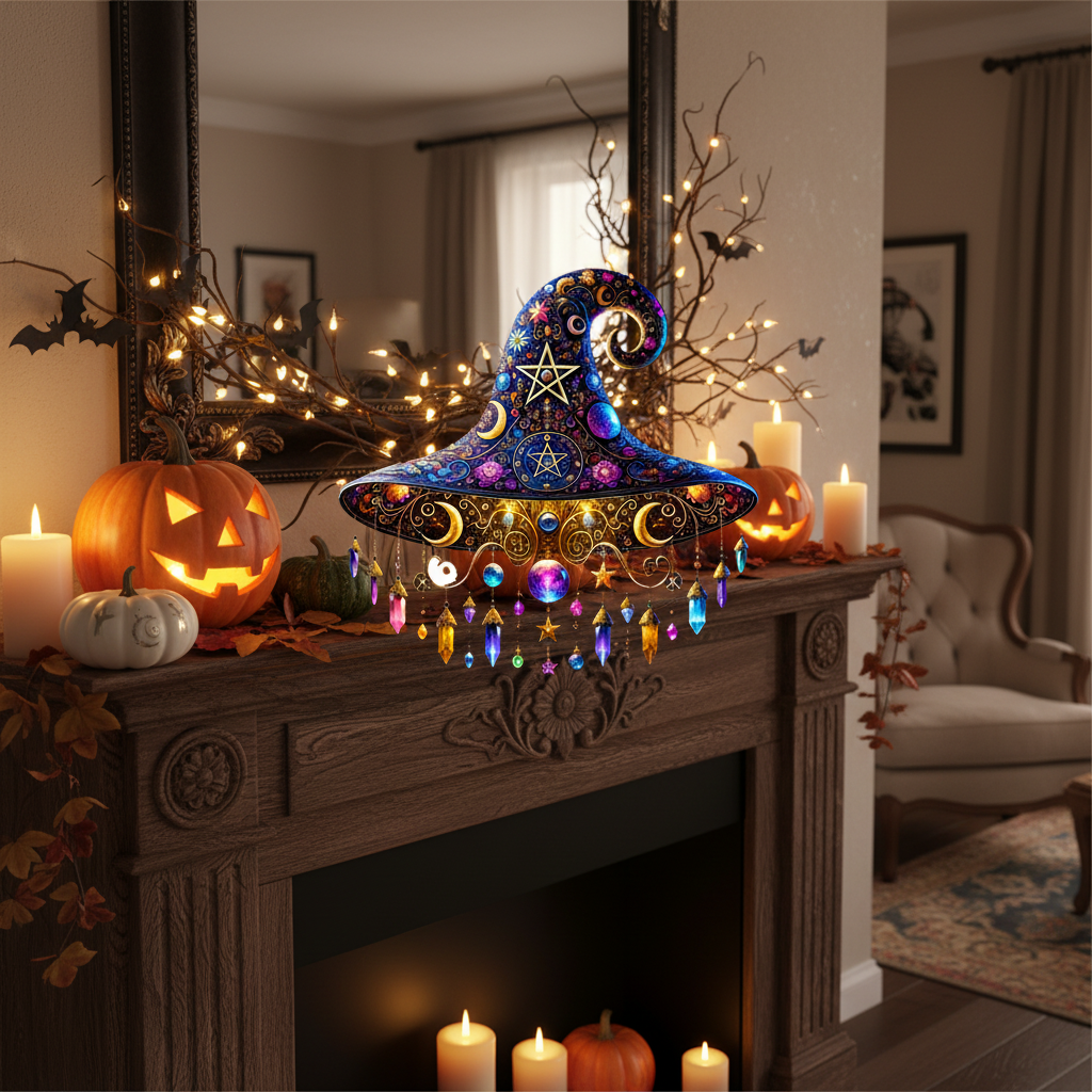 Halloween Witch Hat Suncatcher Stained Glass Decoration with Celestial Moon and Crystal Prisms