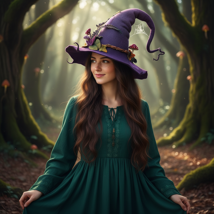 Halloween Witch Hat with Spiderweb Embroidery Floral and Mushroom Decorations
