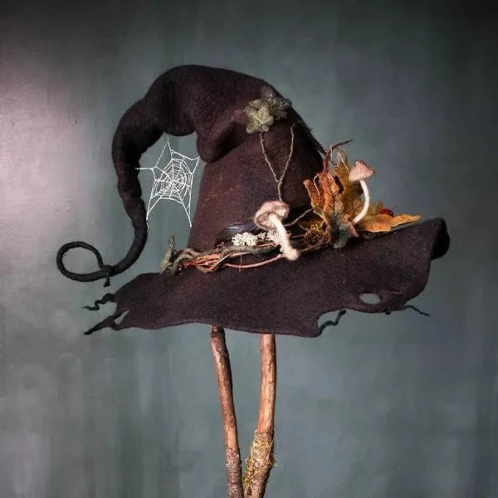 Halloween Witch Hat with Spiderweb Embroidery Floral and Mushroom Decorations