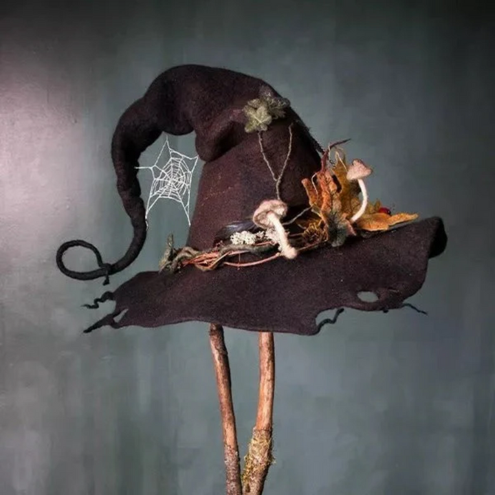 Halloween Witch Hat with Spiderweb Embroidery Floral and Mushroom Decorations